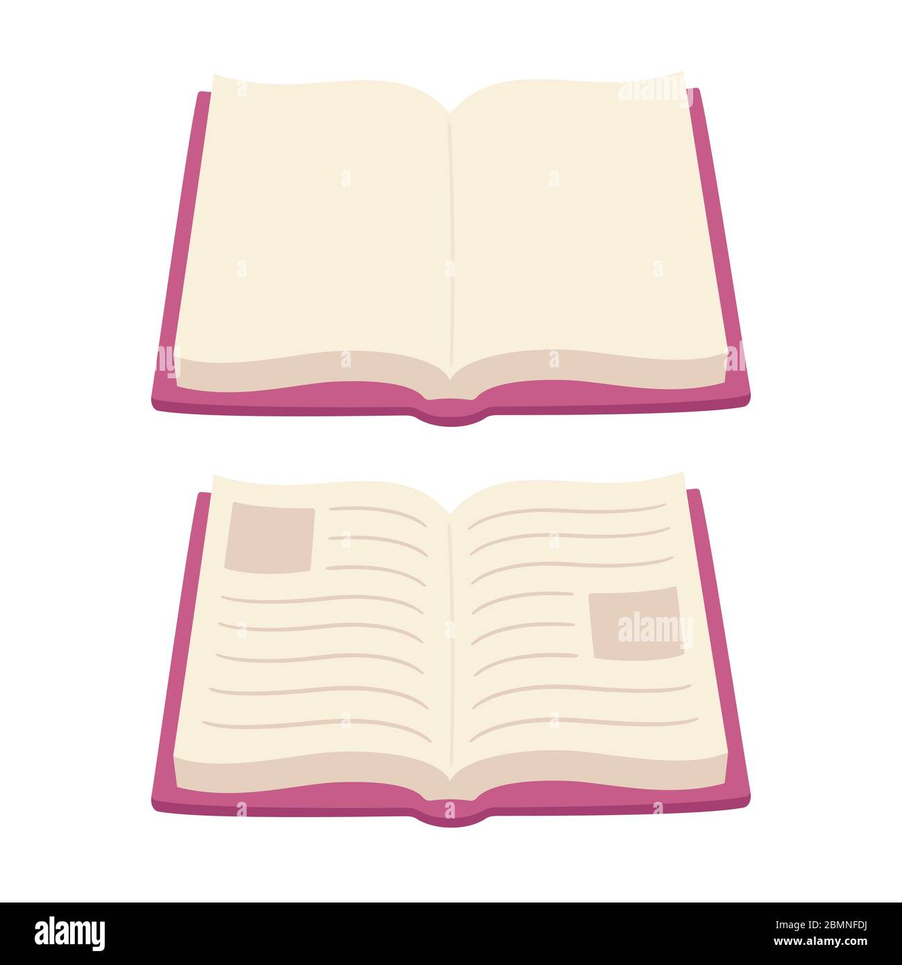 Illustrazione di un libro aperto in stile cartoon, pagine vuote e con contenuto di testo. Clip vettoriale isolata art. Illustrazione Vettoriale