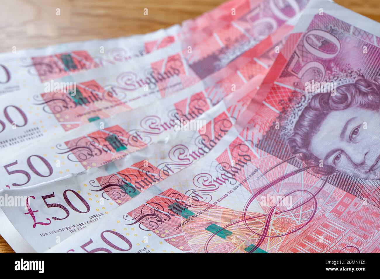 Immagine di primo piano di cinquanta banconote da libbra, 50 £valuta Foto Stock