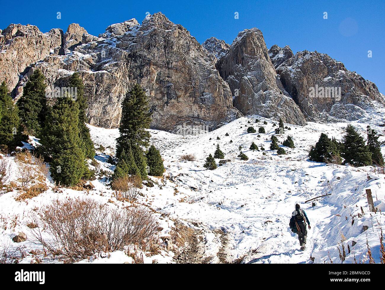 Escursionista nei Monti Zailiysky Alatau vicino Almaty, Kazakistan Foto Stock