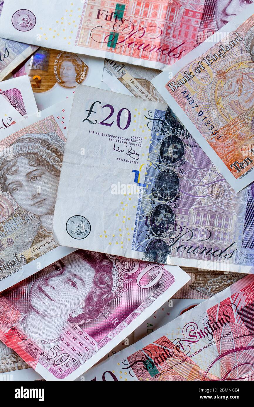 British Money: Banconote in contanti da £50, £20, £10 Foto Stock