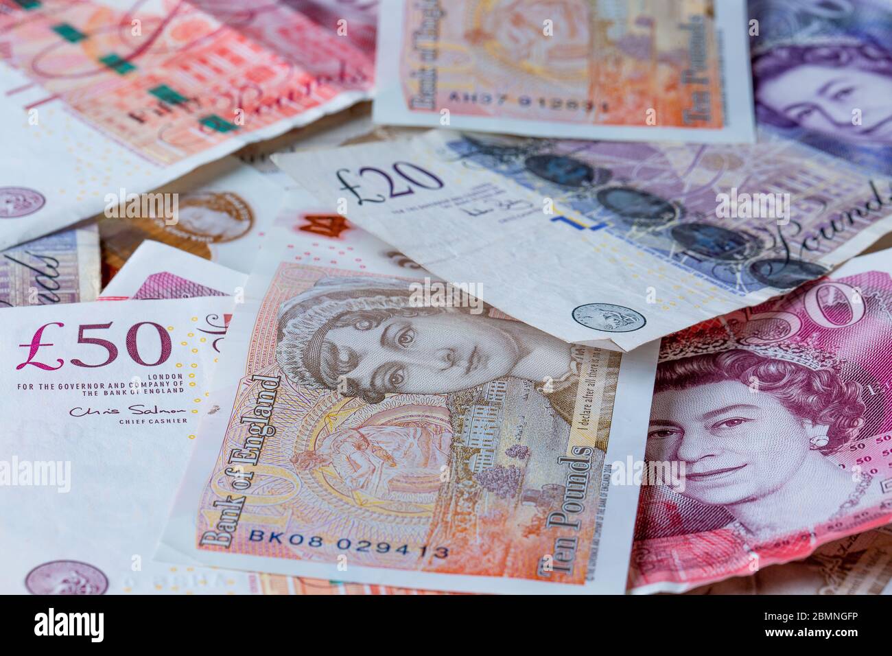 British Money: Banconote in contanti da £50, £20, £10 Foto Stock