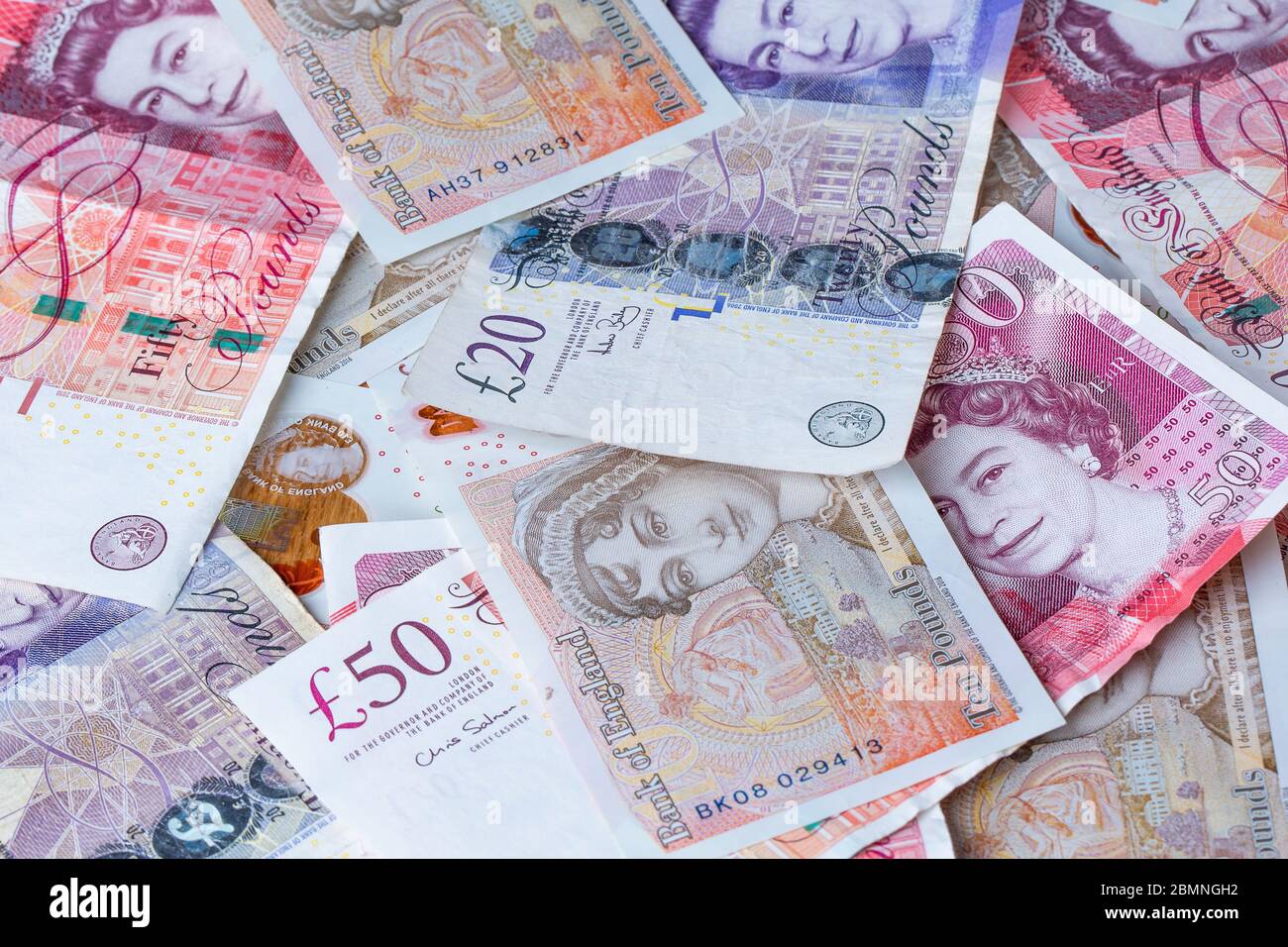 British Money: Banconote in contanti da £50, £20, £10 Foto Stock