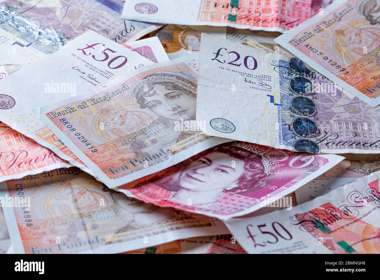 British Money: Banconote in contanti da £50, £20, £10 Foto Stock