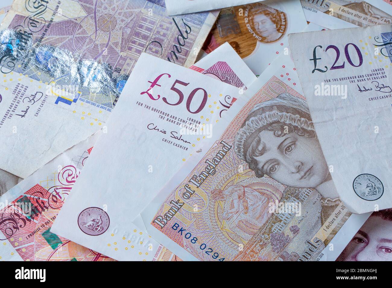 British Money: Banconote in contanti da £50, £20, £10 Foto Stock