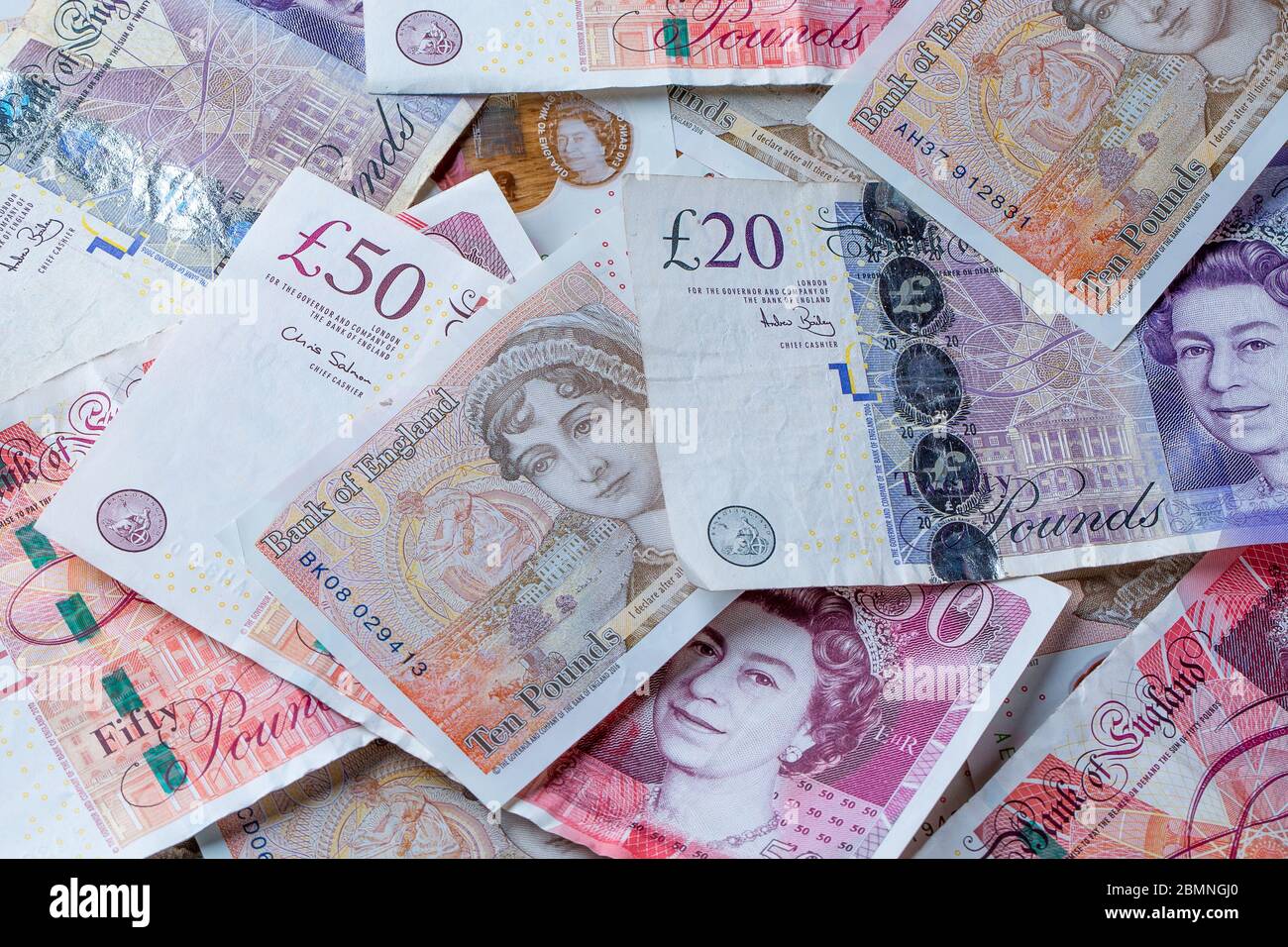 British Money: Banconote in contanti da £50, £20, £10 Foto Stock