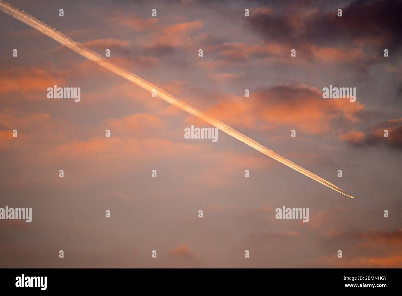 Controtaia di aerei, percorso di vapore nel cielo dell'alba sulla rotta per l'aeroporto di Heathrow, oltre Hampshire, Regno Unito Foto Stock