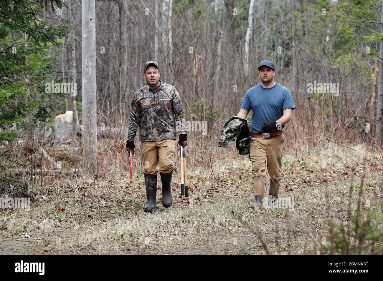 Due uomini camminano su un sentiero nel bosco. Foto Stock