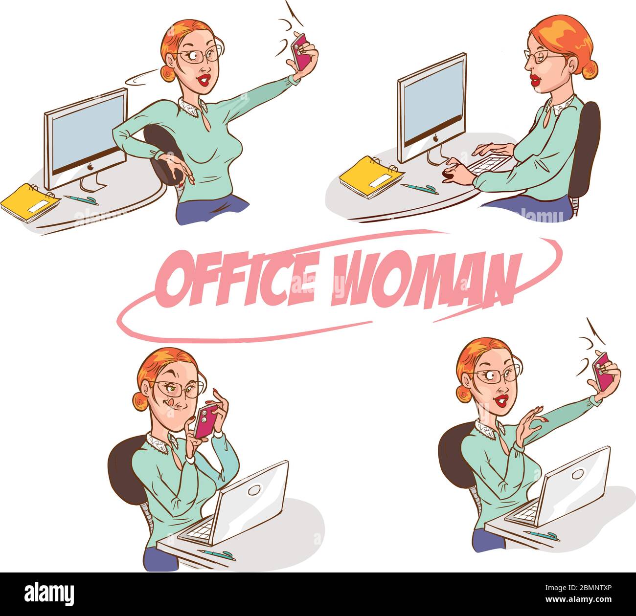 Ragazza che prende selfie in ufficio. Illustrazione vettoriale di colori vivaci. Illustrazione Vettoriale