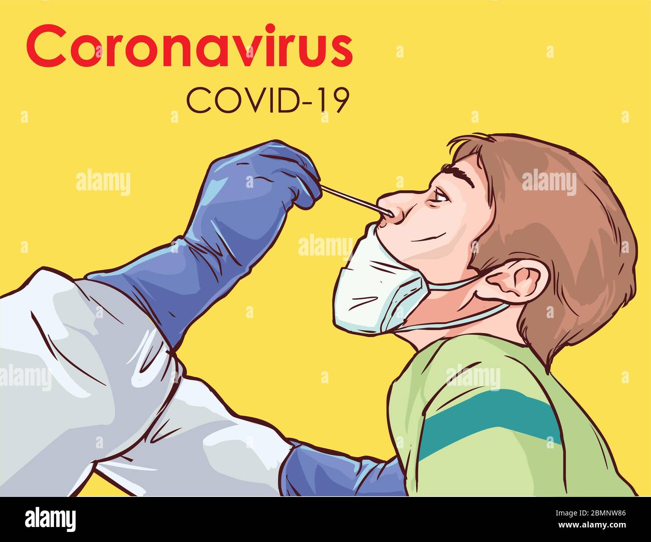 Diagnosi COVID-19 coronavirus. Medico che indossa un completo equipaggiamento antivirale protettivo per il test del tampone nasale per il paziente. Illustrazione delle scorte Illustrazione Vettoriale