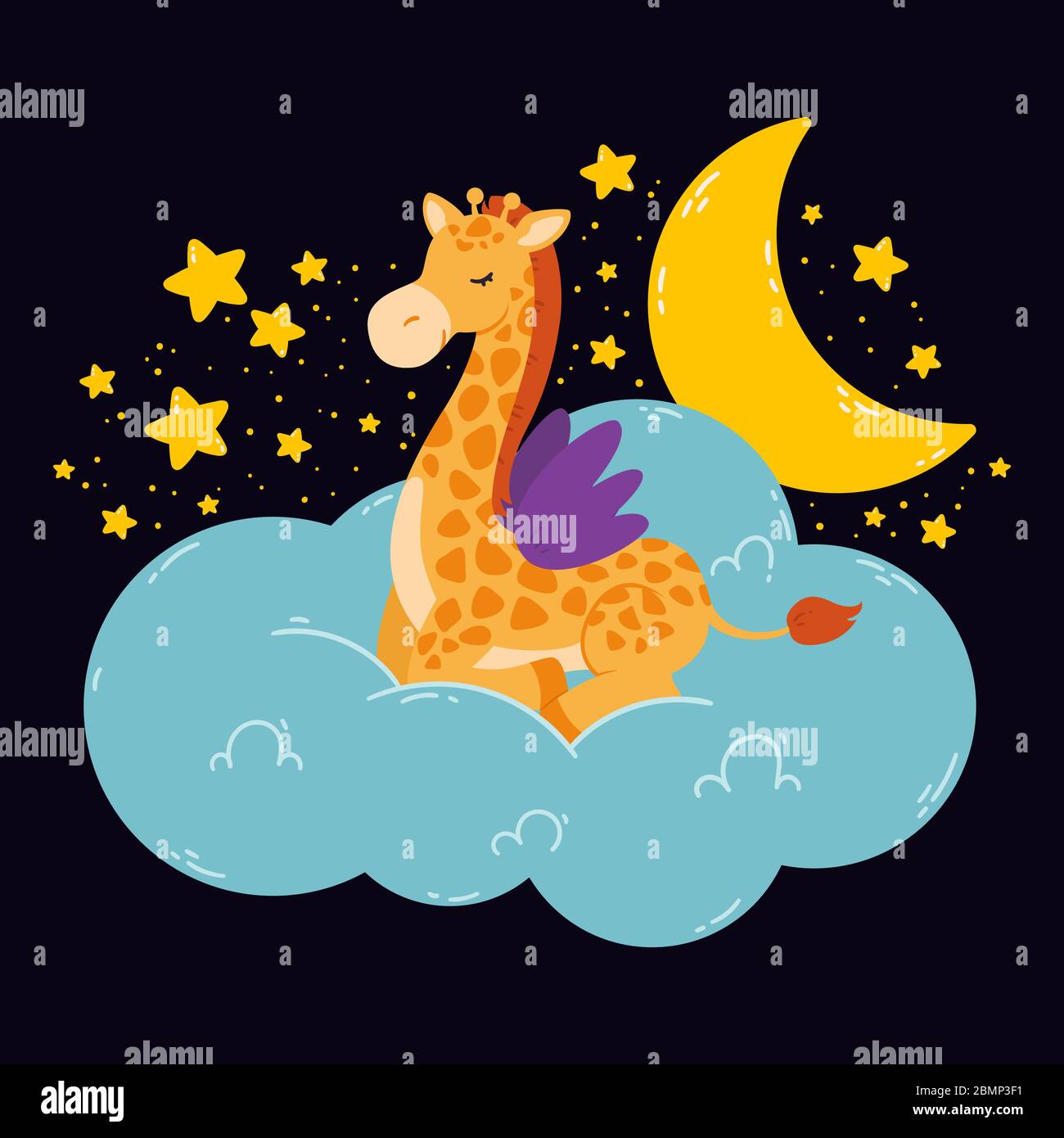 Poster carino con giraffa, luna, stelle, nuvola su uno sfondo scuro. Stampa vettoriale per camera del bambino, biglietto di auguri, t-shirt e vestiti per bambini e bambini, wome Illustrazione Vettoriale