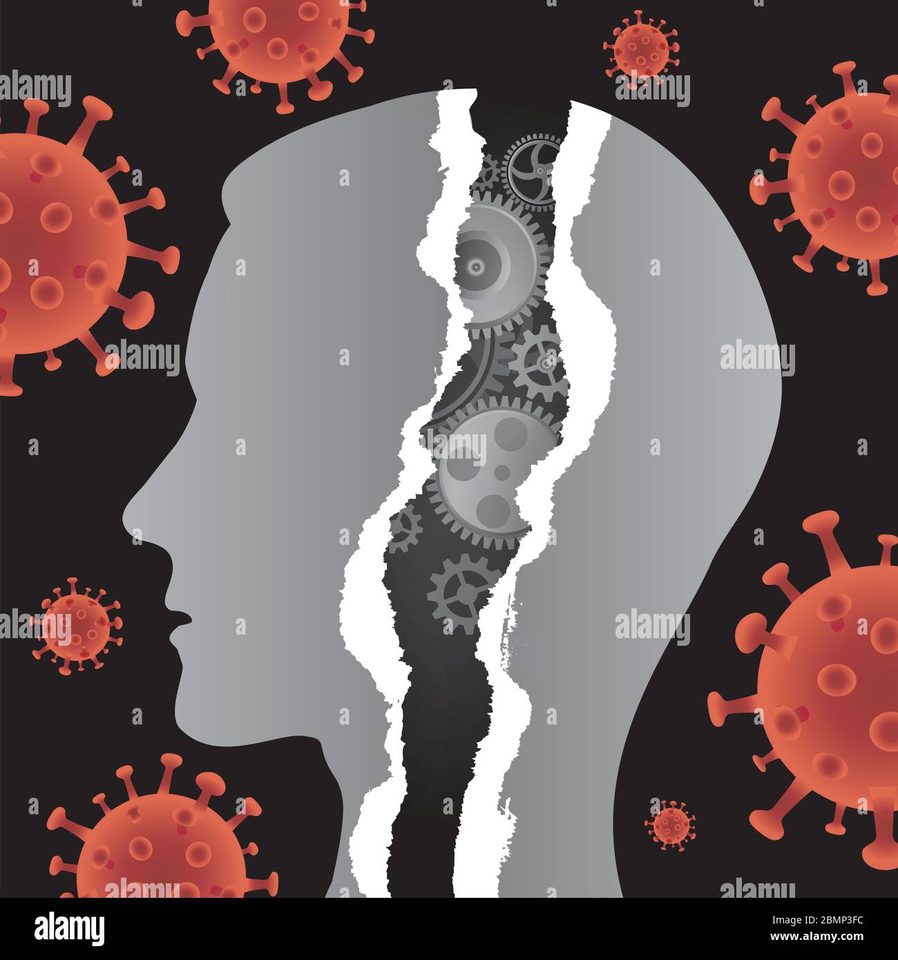 Stress da depressione dell'uomo, salute mentale durante la pandemia del coronavirus. Immagine della carta strappata con la testa maschio nel profilo con ingranaggio e sfondo nero. Illustrazione Vettoriale