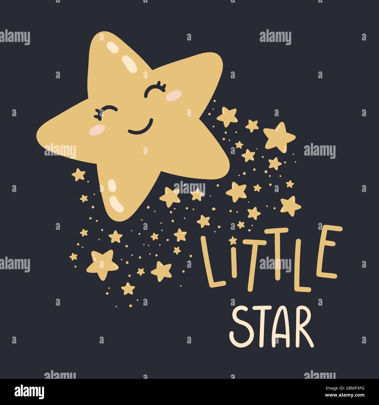 Una stella felice su sfondo scuro. Buona illustrazione vettoriale notturna. Stampa per camera per bambini, biglietto di auguri, t-shirt e vestiti per bambini e bambini, donne Illustrazione Vettoriale