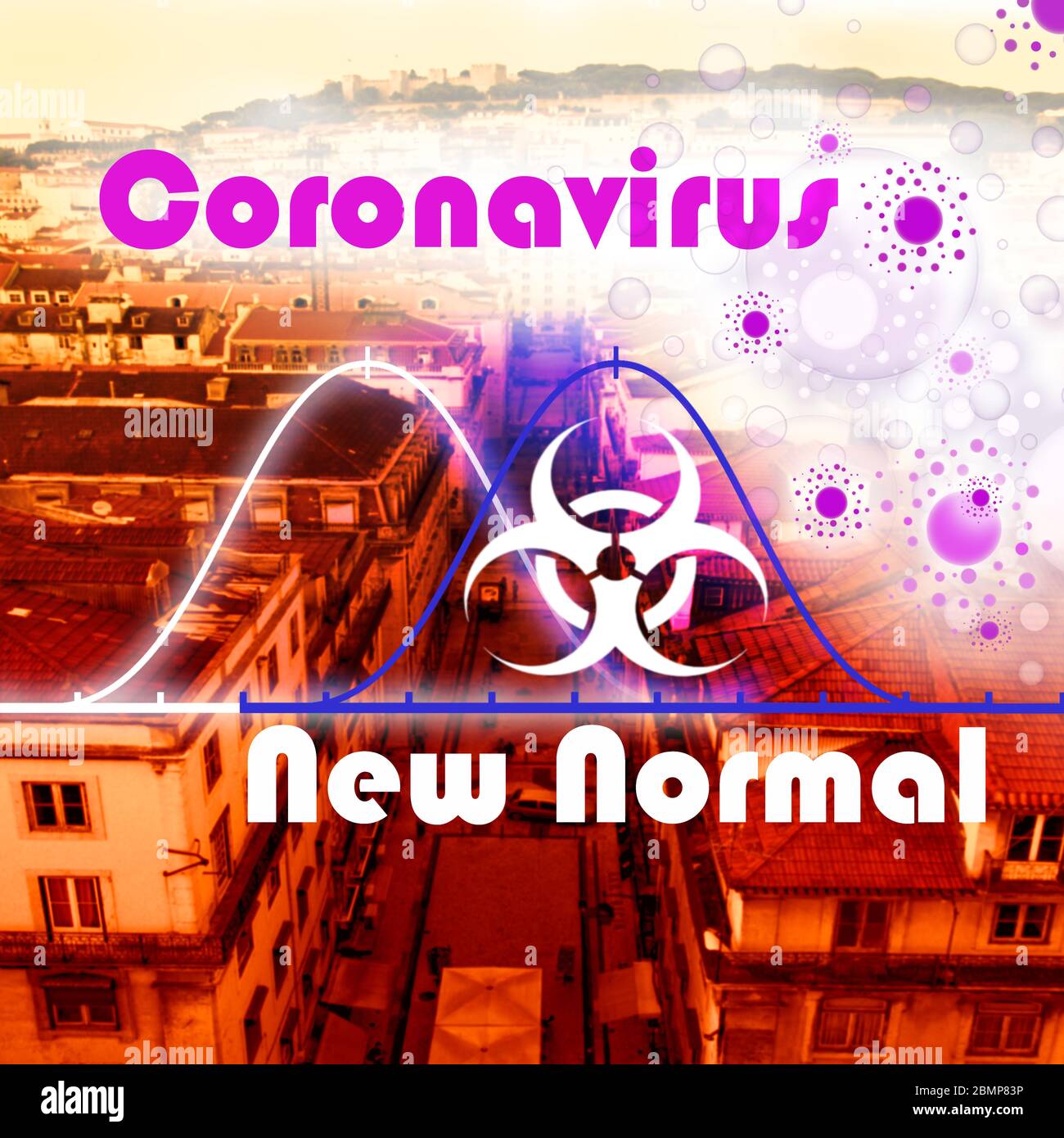 Nuovo normale dopo COVID-19 Pandemic. Immagine digitale ottimizzata con vista aerea di una strada commerciale, due curve di distribuzione normali, virus. Foto Stock