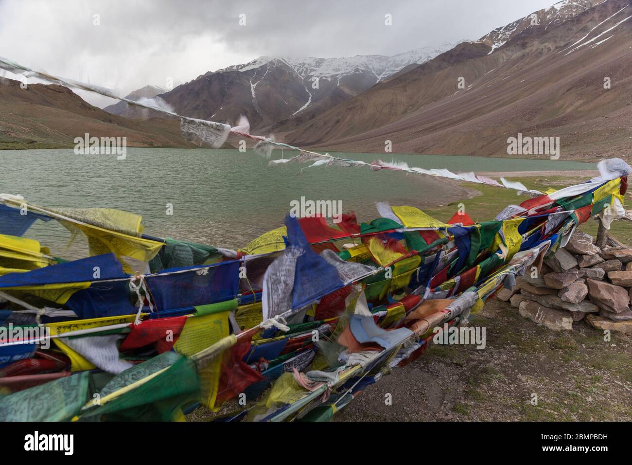 Chandra tal (lago) in alta montagna Himalaya, India Foto Stock
