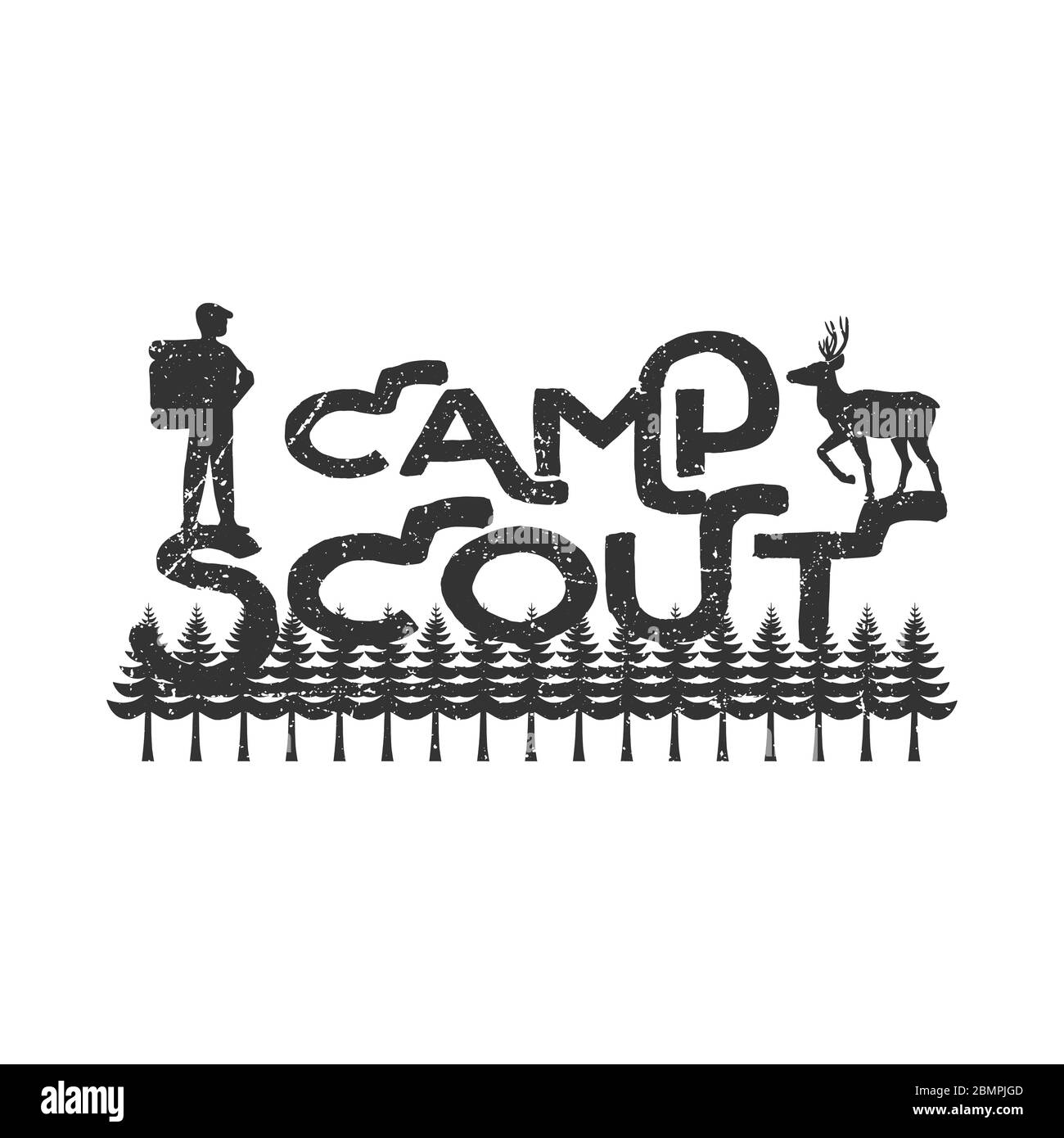 Stampa scout vintage Camp monocromatica con viaggiatori e cervi Illustrazione Vettoriale