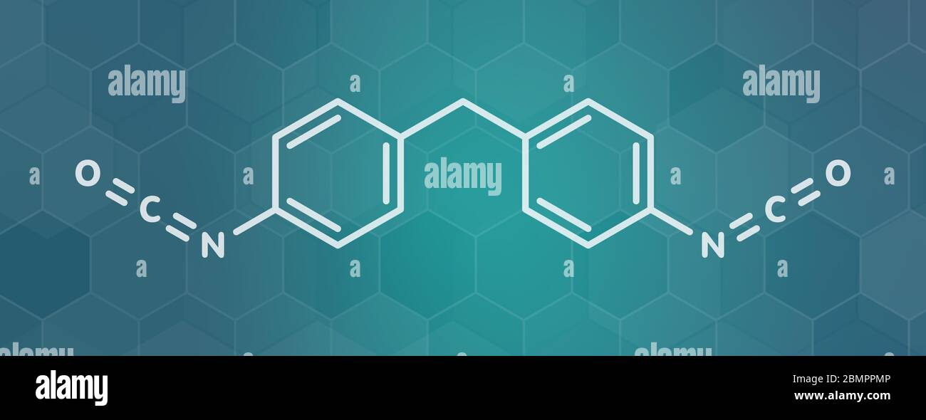 Molecola di metilene difenildiisocianato (MDI), blocco di costruzione di poliuretano (PU). Formula scheletrica. Foto Stock