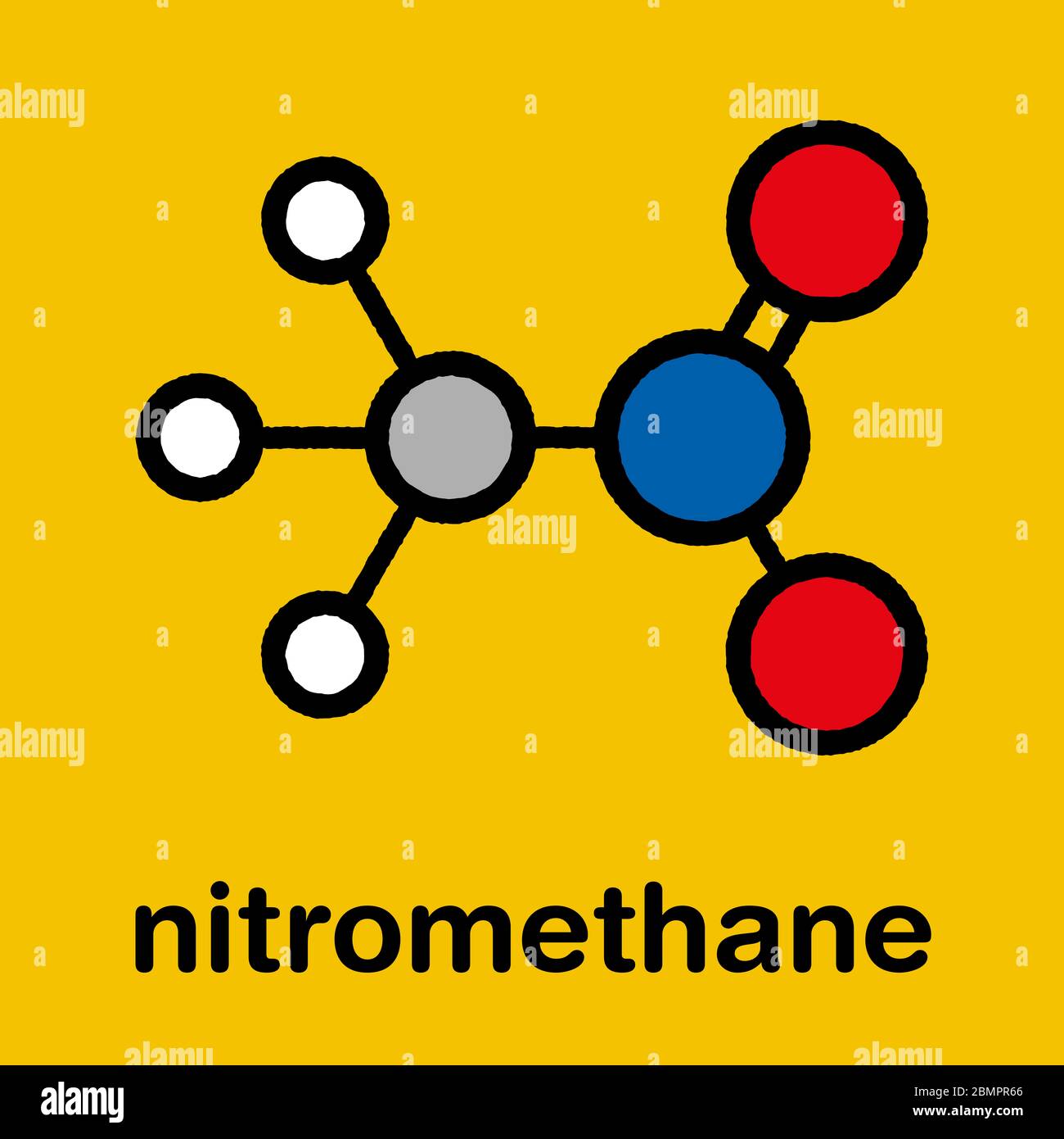 Nitrometano nitro-fuel molecola. Utilizzato come carburante per alimentare  razzi, auto da corsa drag, ecc. anche utilizzato come altamente esplosivo.  Formula scheletrica stilizzata (struttura chimica): Gli atomi sono indicati  come cerchi codificati per