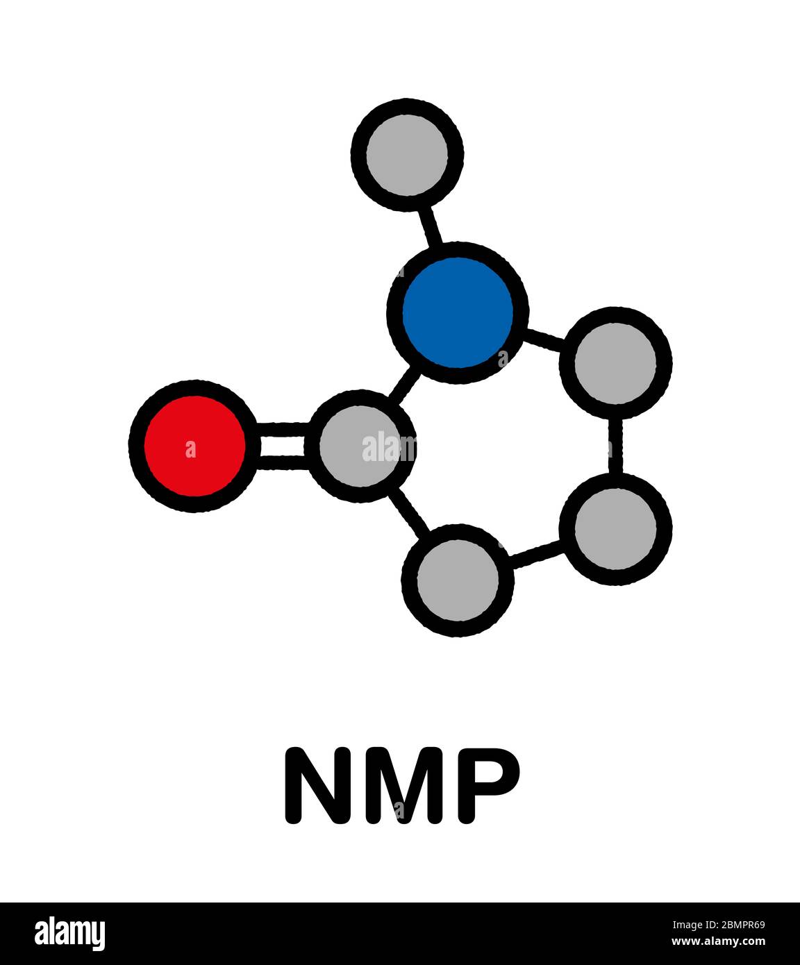 Molecola di solvente chimico di N-metil-2-pirrolidone (NMP). Formula  scheletrica stilizzata (struttura chimica): Gli atomi sono indicati come  cerchi codificati per colore: Idrogeno (nascosto), carbonio (grigio),  ossigeno (rosso), azoto (blu Foto stock -