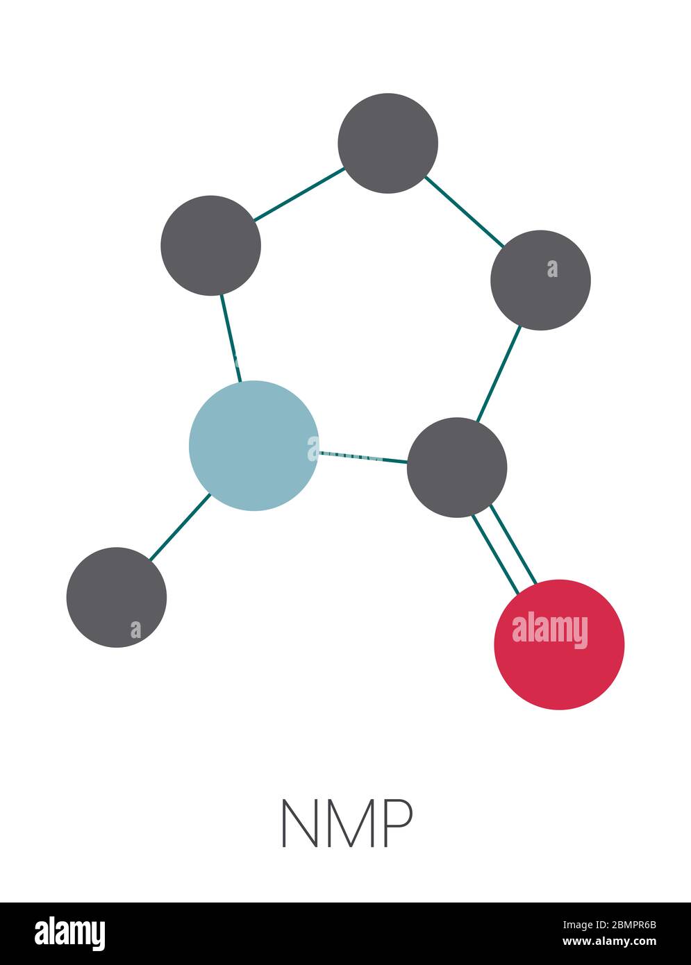 Molecola di solvente chimico di N-metil-2-pirrolidone (NMP). Formula scheletrica stilizzata (struttura chimica): Gli atomi sono indicati come cerchi codificati per colore: Idrogeno (nascosto), carbonio (grigio), ossigeno (rosso), azoto (blu). Foto Stock