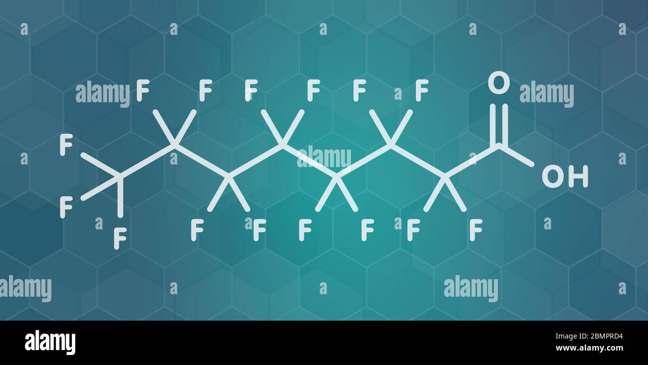 Molecola dell'acido perfluorottanoico (PFOA, C8). Inquinante importante e persistente. Formula scheletrica. Foto Stock