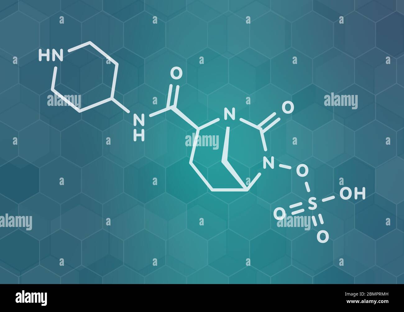 Molecola di farmaco di Relebactam. Inibitore della beta-lattamasi somministrato con antibiotici beta-lattamici. Formula scheletrica. Foto Stock