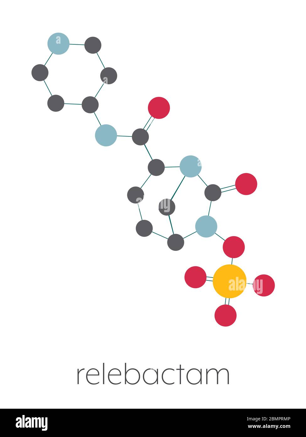 Molecola di farmaco di Relebactam. Inibitore della beta-lattamasi che viene somministrato con antibiotici beta-lattamici. Formula scheletrica stilizzata (struttura chimica): Gli atomi sono indicati come cerchi codificati per colore: Idrogeno (nascosto), carbonio (grigio), azoto (blu), ossigeno (rosso), zolfo (giallo). Foto Stock