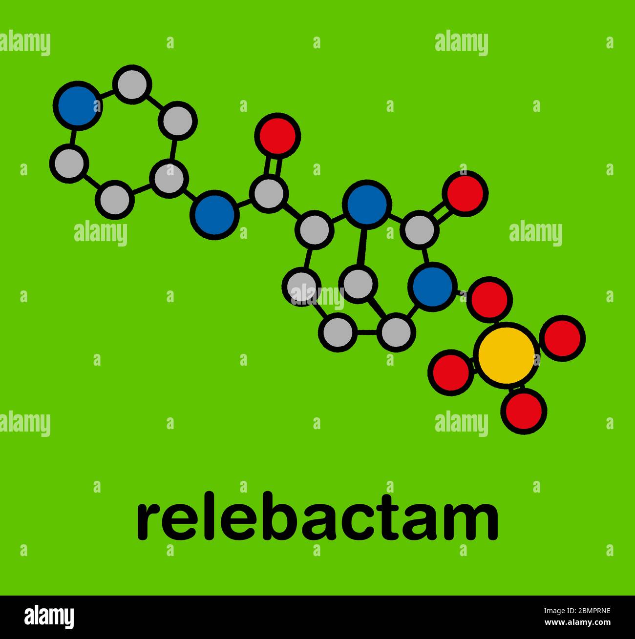 Molecola di farmaco di Relebactam. Inibitore della beta-lattamasi che viene somministrato con antibiotici beta-lattamici. Formula scheletrica stilizzata (struttura chimica): Gli atomi sono indicati come cerchi codificati per colore: Idrogeno (nascosto), carbonio (grigio), azoto (blu), ossigeno (rosso), zolfo (giallo). Foto Stock
