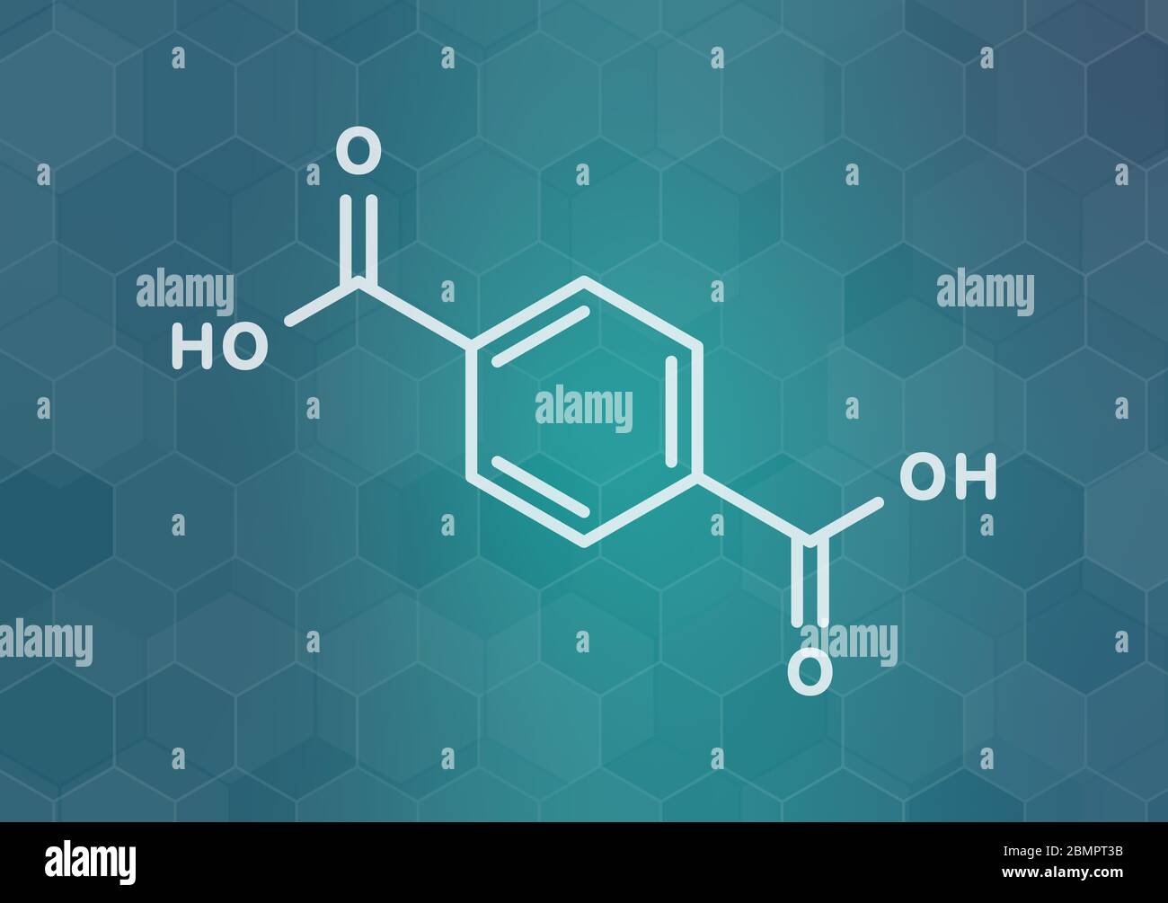 Blocco di costruzione in plastica di acido tereftalico, poliestere (PET, polietilene tereftalato). Formula scheletrica. Foto Stock