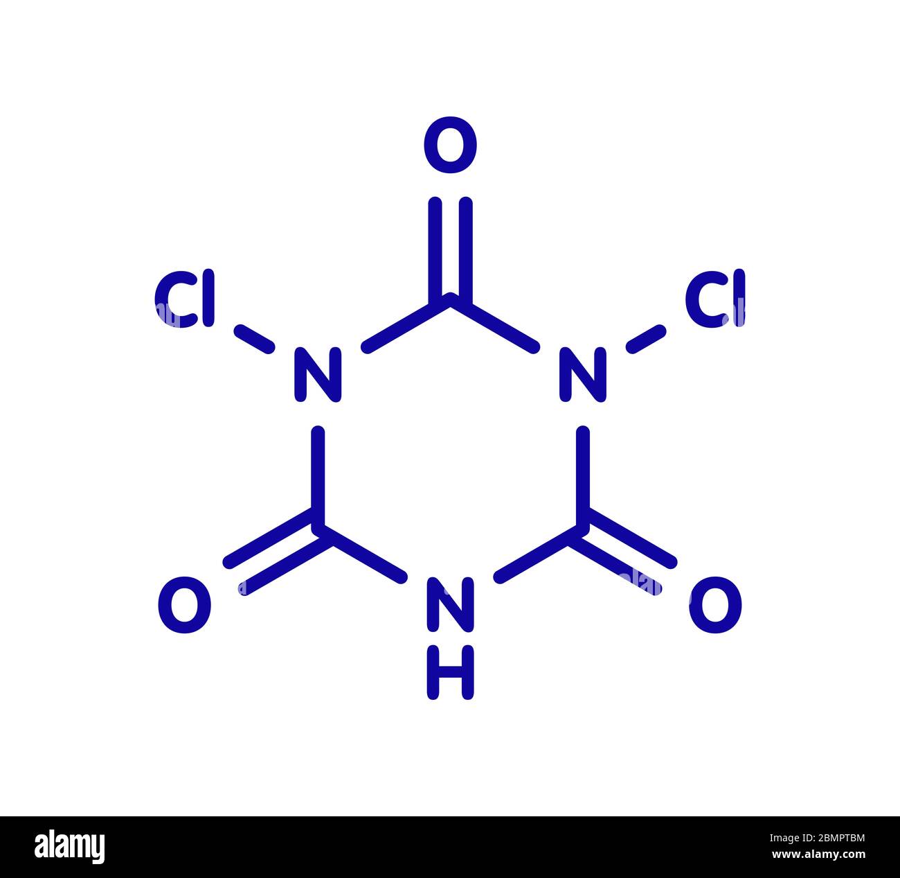 Molecola di troclosene (acido dicloroisocianurico). Utilizzato come  disinfettante, deodorante, biocida, detergente e nella purificazione  dell'acqua. Formula scheletrica Foto stock - Alamy