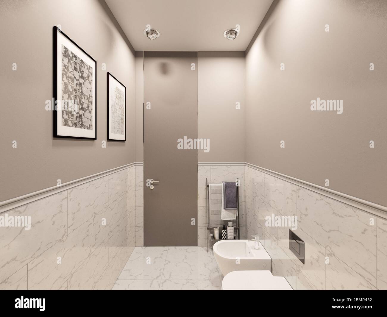 Rendering 3D, interno del bagno in un cottage privato. Illustrazione del design interno del WC Foto Stock