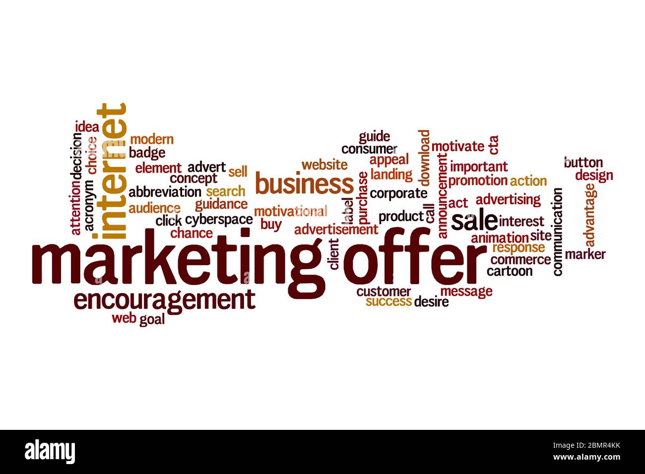 Il marketing offre un concetto di nuvola di parole su sfondo bianco Foto Stock