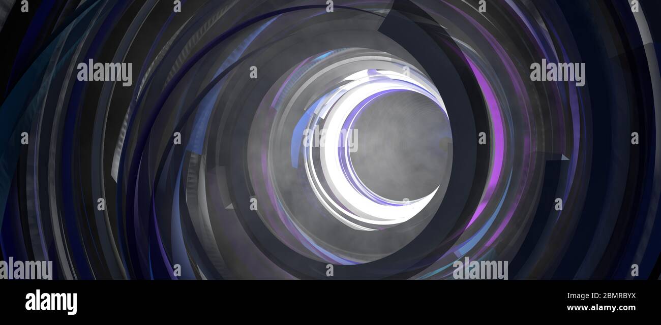 Tunnel scuro con nebbia e atmosfera misteriosa formato da forme di colore viola e blu che si trasformano rapidamente in cerchi su uno sfondo nero. Illustrazione 3D Foto Stock