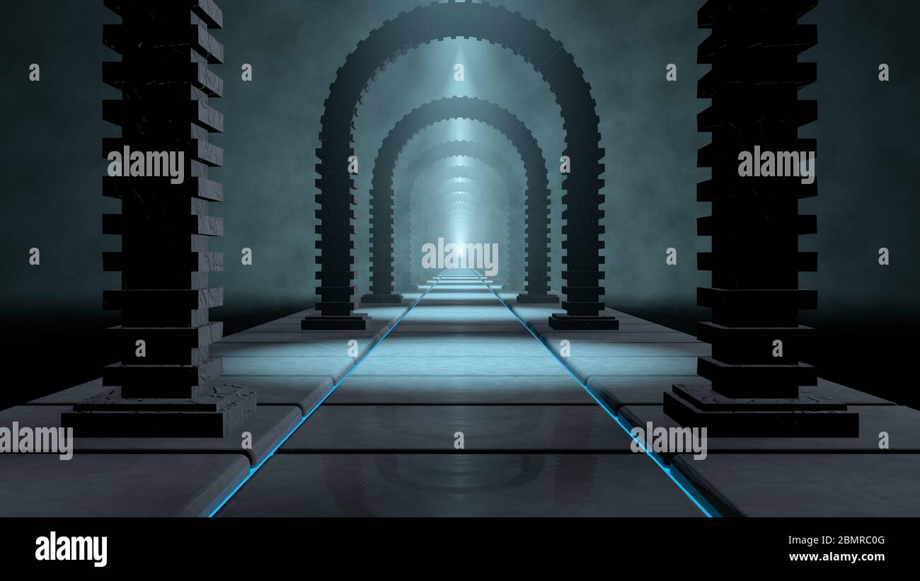 Vista frontale di un lungo tunnel scuro senza persone formato da archi di mattoni in un ambiente nebbia con luci blu all'interno di un castello. Illustrati 3D Foto Stock