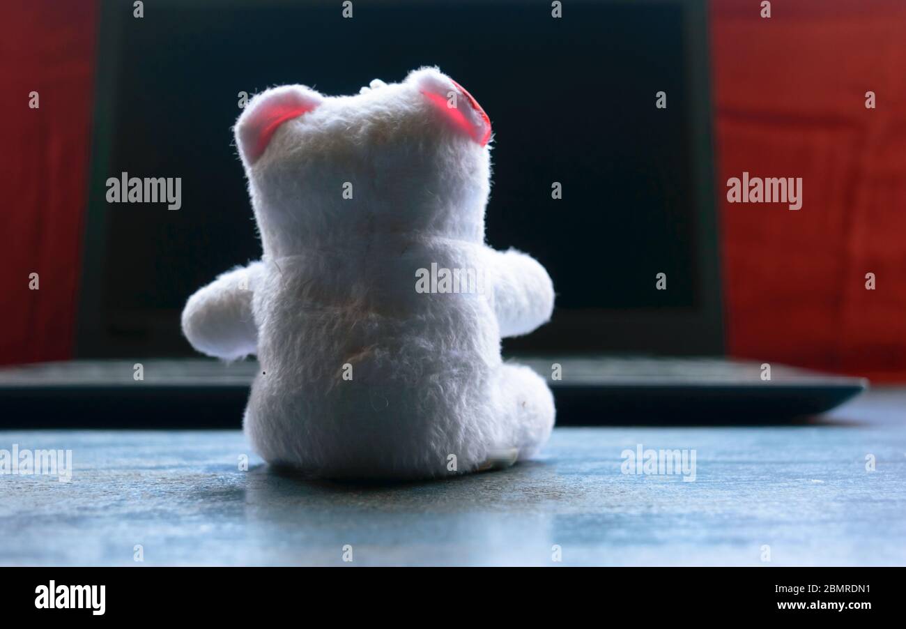Teddy Bear seduto davanti al computer portatile. Still Life. Bambino che utilizza la tecnologia digitale. Concetto di fondo concettuale. edu di infanzia moderna Foto Stock