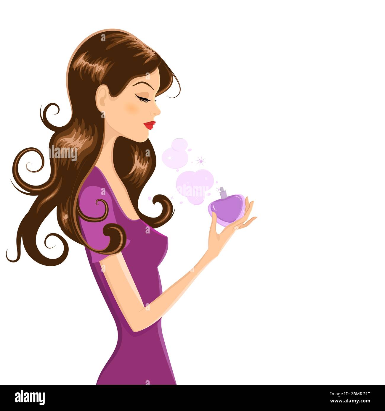Illustrazione vettoriale di giovane donna attraente con capelli lunghi scuri e occhi chiusi. Sta tenendo il flacone di profumo a forma di cuore mentre mette il profumo su h Illustrazione Vettoriale