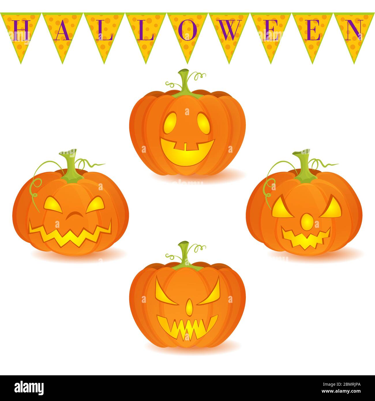 Decorazione di Halloween Jack o Lantern vettore impostato su sfondo bianco. Le zucche disegnano con espressioni facciali diverse. Può essere utilizzato come icone o sepa Illustrazione Vettoriale