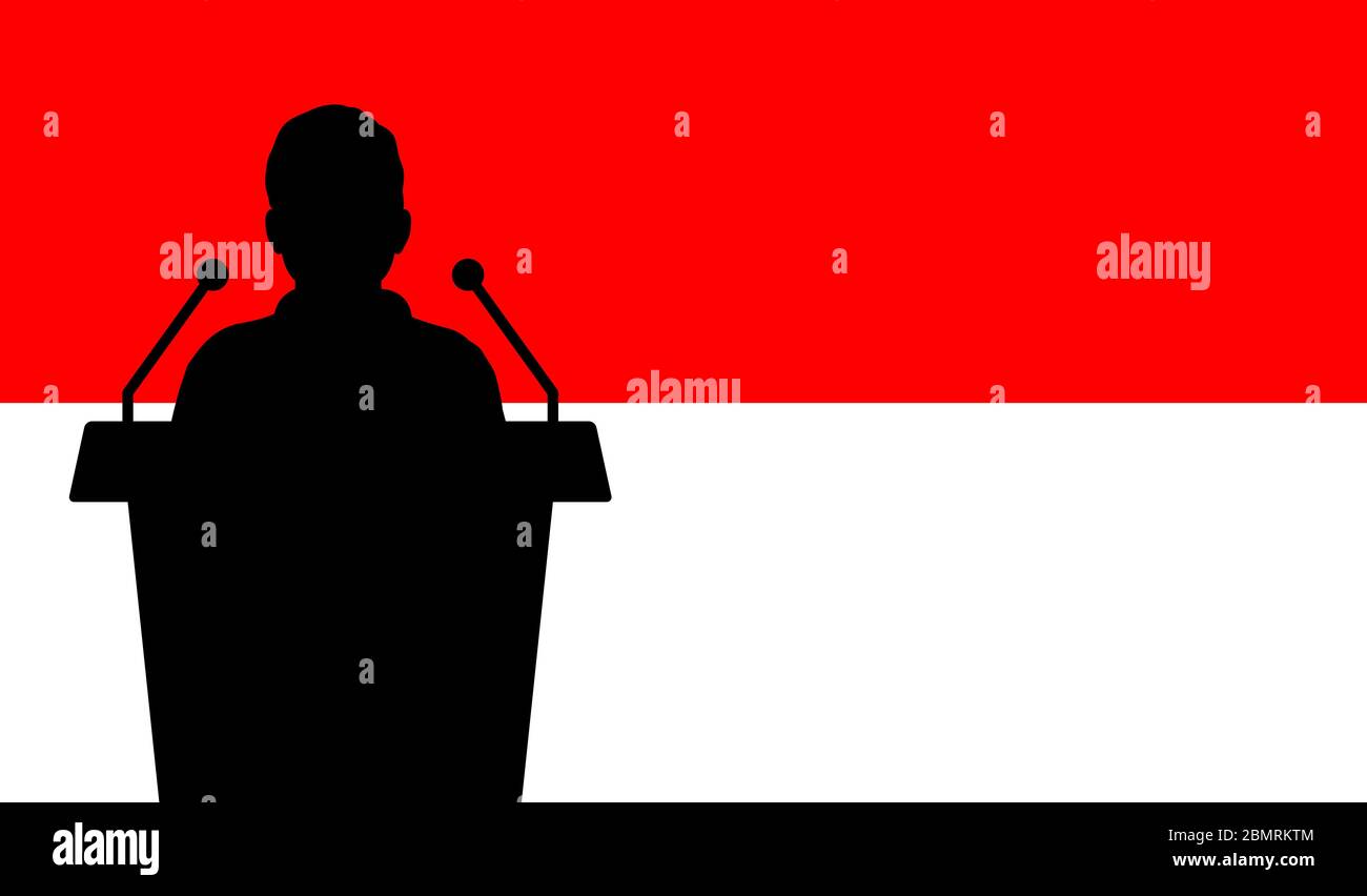 Oratore che parla da Tribune Indonesia Flag background. Discorso di un pubblico relatore in Indonesia. Concetto di conferenza di presentazione per gli imprenditori. Illustrazione Vettoriale