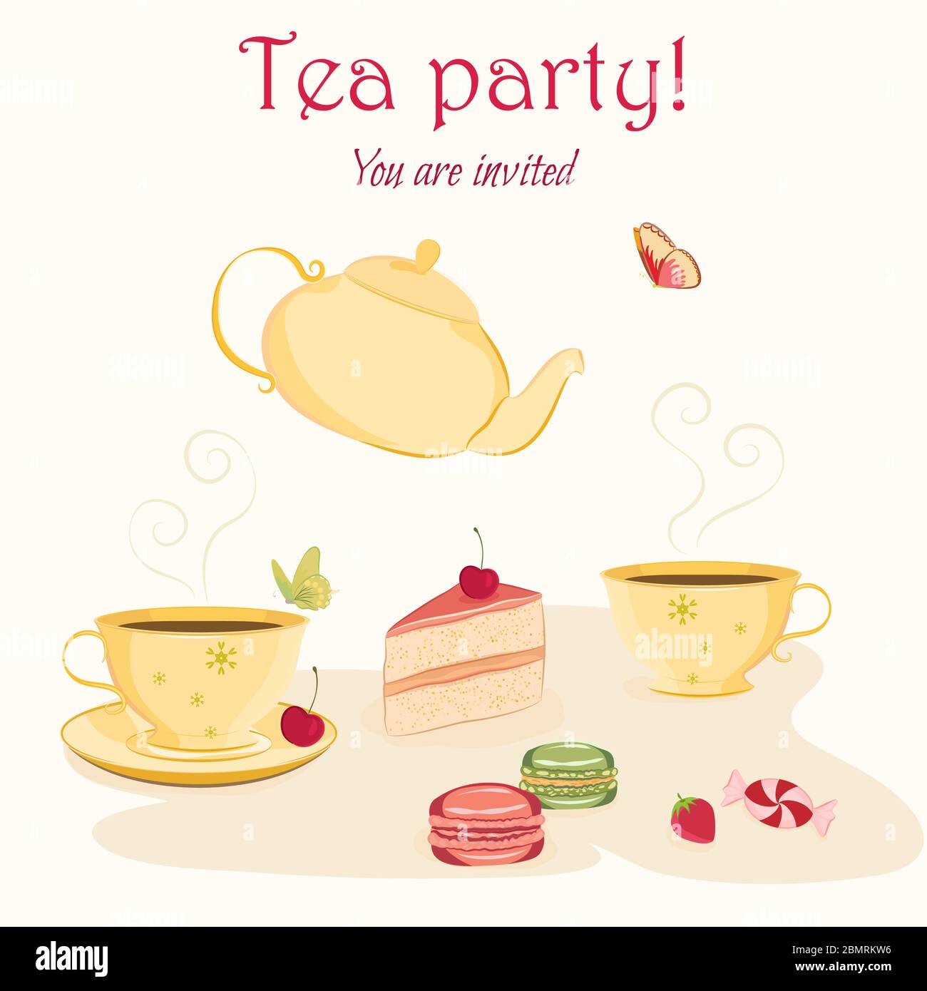 Modello di invito per tè o festa di compleanno con tazze tirate a mano, dolci teapot e farfalle. Elegante e carino con un'atmosfera vintage Illustrazione Vettoriale