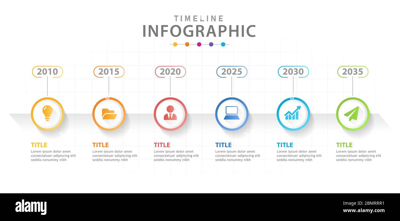 Modello infografico 6 passi diagramma della timeline moderna con cerchi. Illustrazione Vettoriale