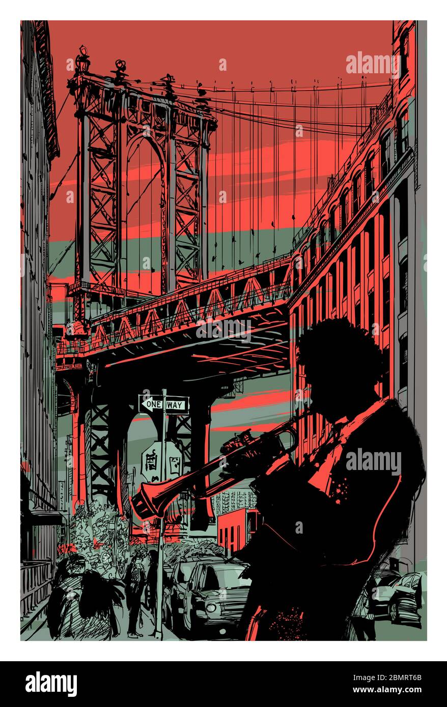 suonatore di tromba jazz a brooklyn - illustrazione vettoriale (ideale per la stampa su tessuto o carta, poster o carta da parati, decorazione della casa) Illustrazione Vettoriale