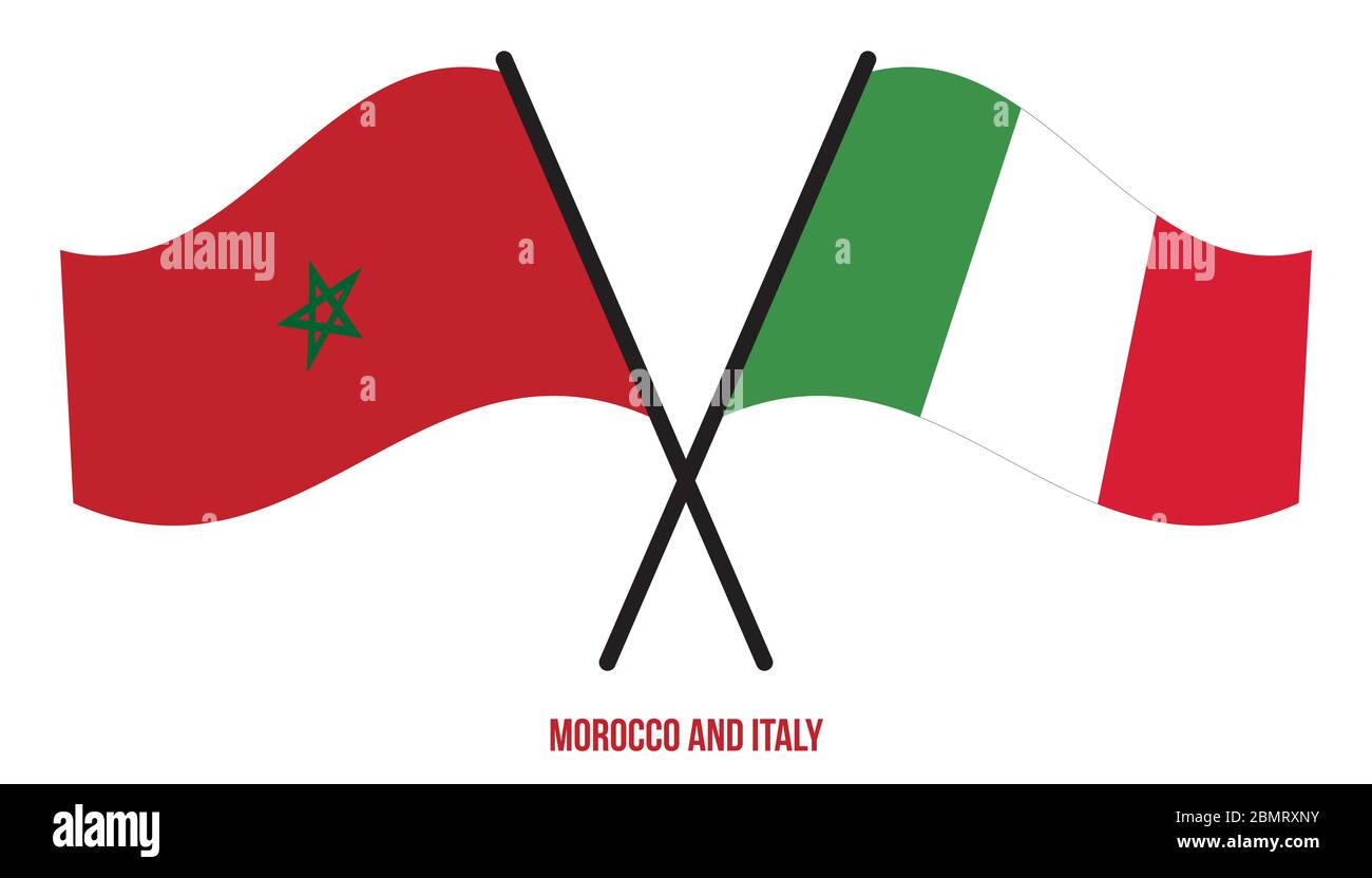Il Marocco e l'Italia Flags hanno attraversato e ondulato stile piatto. Proporzione ufficiale. Colori corretti. Foto Stock