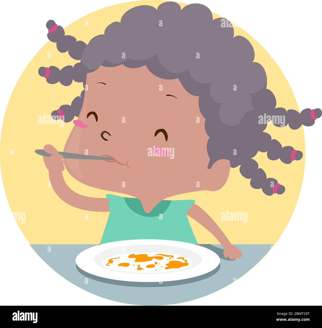 Illustrazione di una bambina con cucchiaio in bocca e piatto vuoto, finendo il suo delizioso pasto Foto Stock