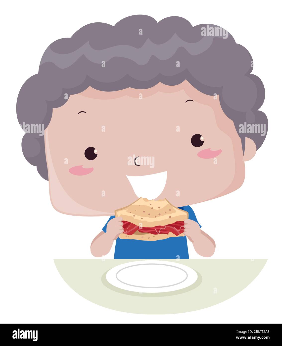 Illustrazione di un ragazzo che tiene un Sandwich di Bacon grasso Foto Stock