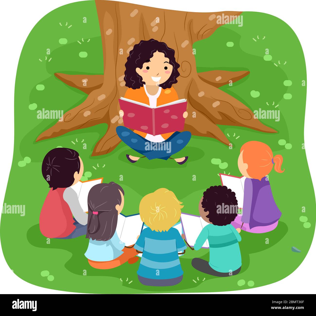 Illustrazione di Stickman ragazza teenage lettura di un libro di storia con i capretti sotto un albero Foto Stock