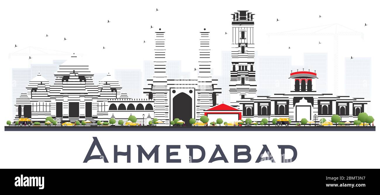 Ahmedabad India City Skyline con edifici a colori isolati su bianco. Illustrazione vettoriale. Illustrazione Vettoriale