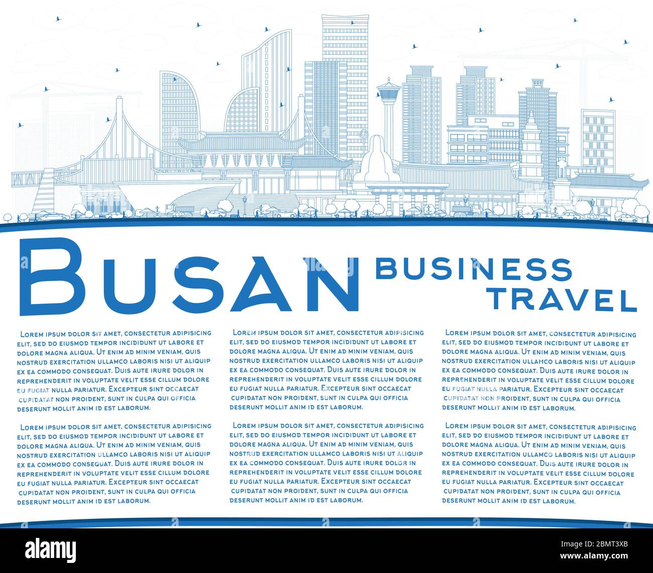 Contorno dello Skyline della Citta' di Busan Corea del Sud con edifici Blu e spazio per fotocopie. Illustrazione vettoriale. Illustrazione Vettoriale