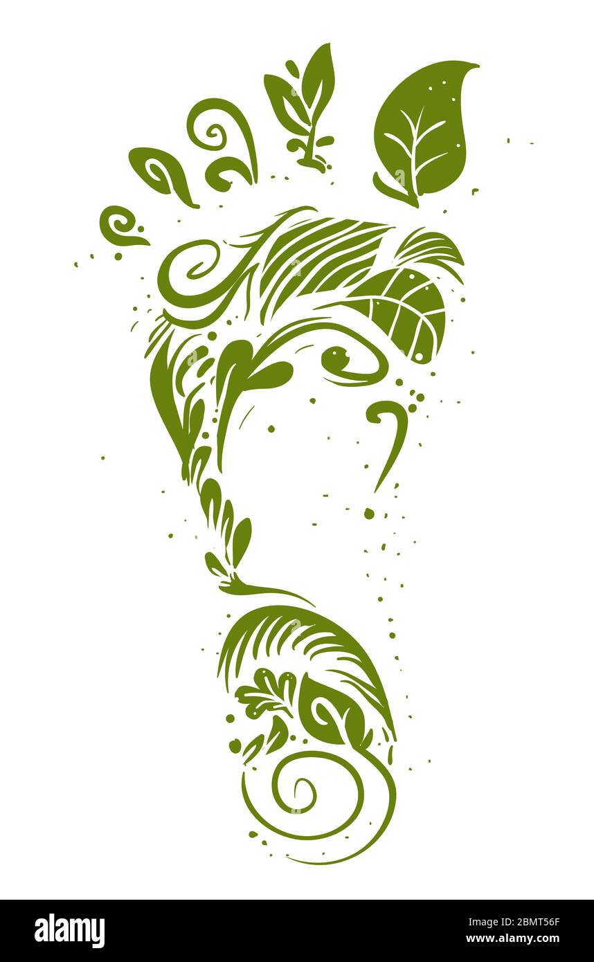 Illustrazione di una stampa verde del piede fatta di Swirls, foglie e piante Foto Stock