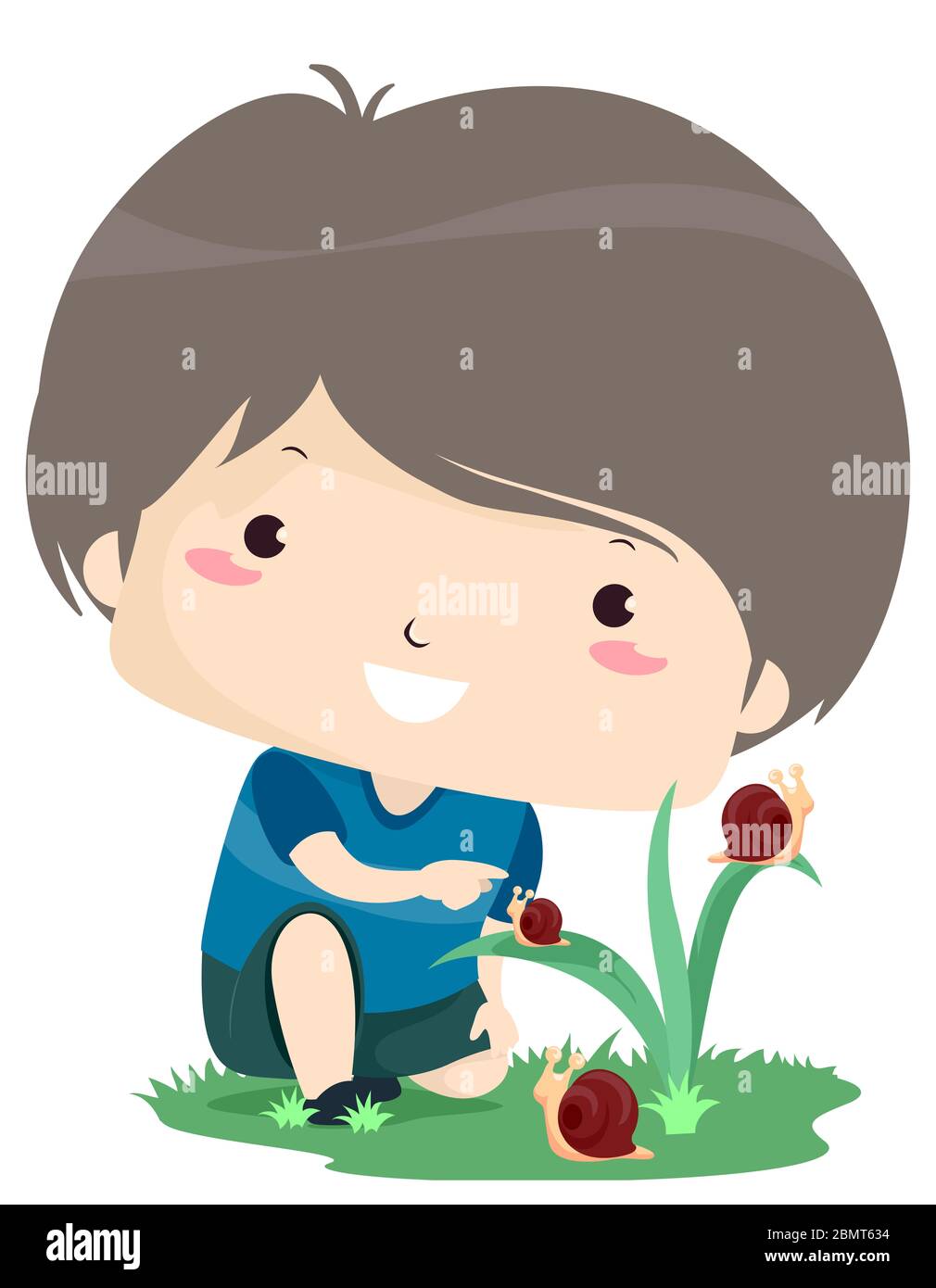 Illustrazione di un ragazzo che punta ad una piccola lumaca nel giardino Foto Stock