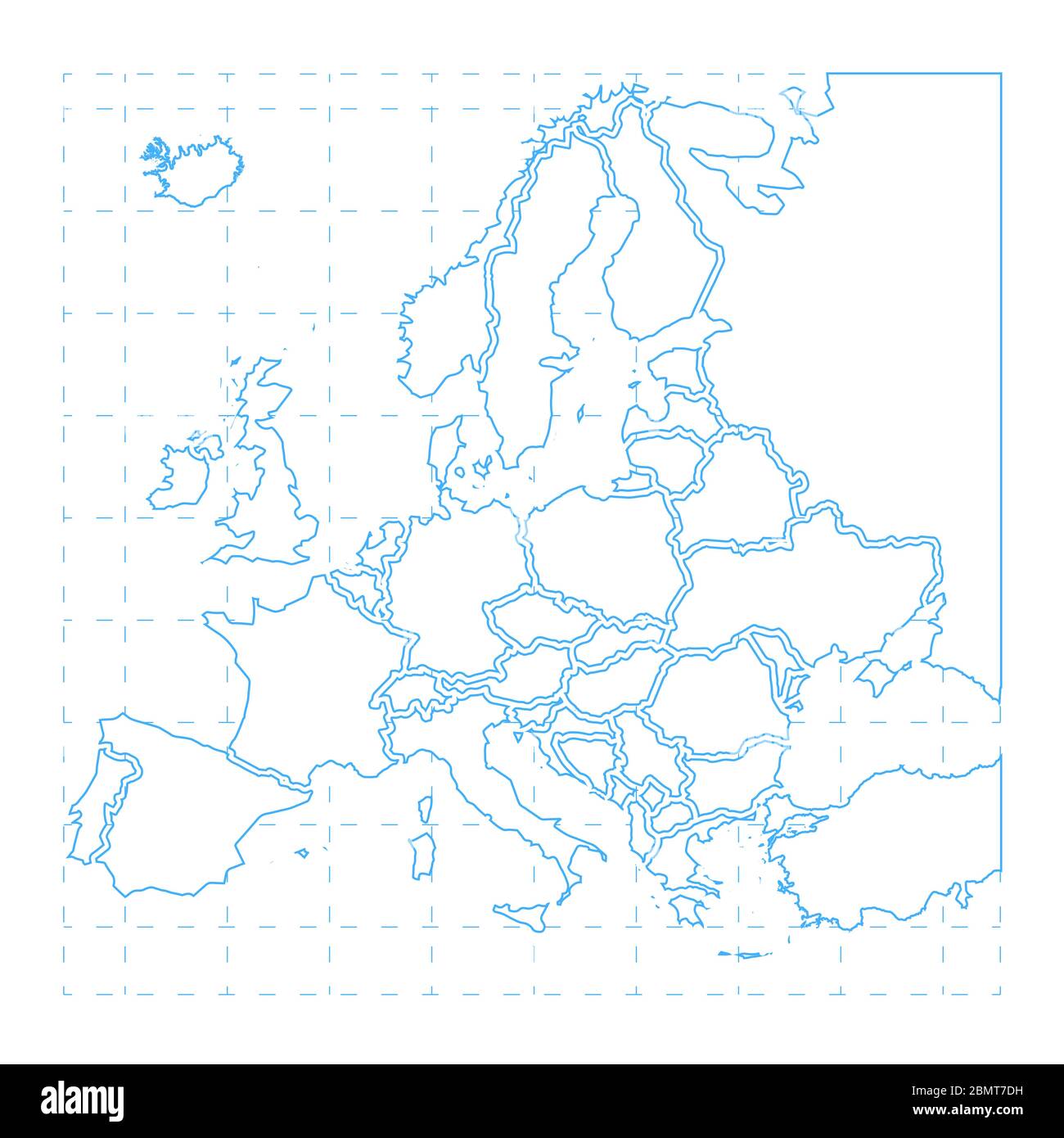 Contorno blu della mappa dettagliata dell'europa su bianco Illustrazione Vettoriale