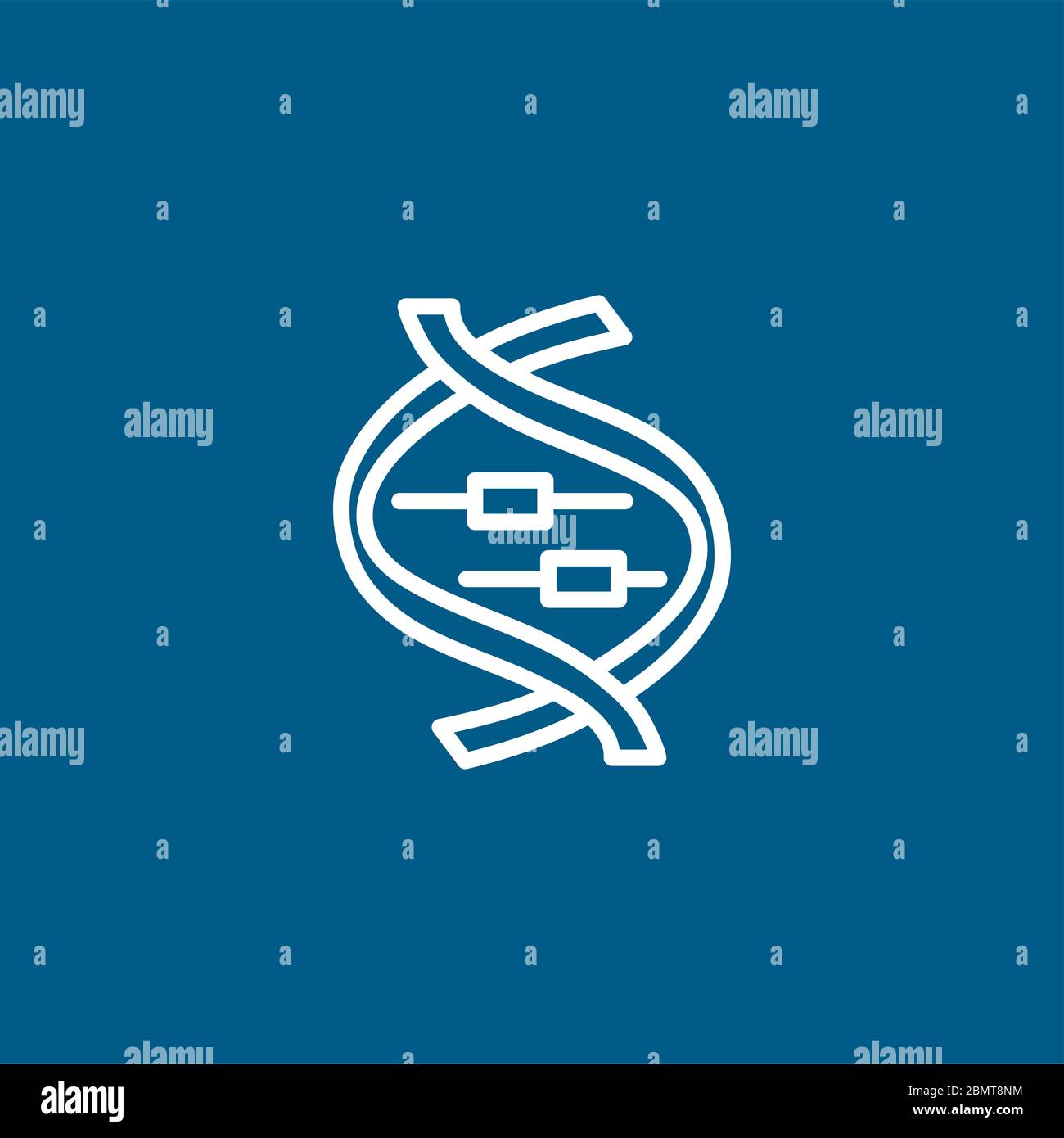 Icona linea DNA su sfondo blu. Illustrazione vettoriale in stile piatto blu. Foto Stock